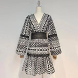 TWOTWINSTYLE Black Embroidery Casual Dress Females V Neck Bishop Long Sleeve Gathered Waist Mini Dresses For Women 2022