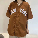 vintage letter print shirts baseball cardigan khaki navy short sleeve tops summer casual teenage blouses harajuku 2023-Outfit