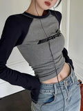 Raglan Contrast Color Slim Long Sleeve Tee-Outfit