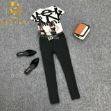Women's Clothing Letter Printted Short Sleeve Shirt Blouse + Elegant Slim Ankle length Pants Suits 2 piece Set