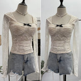 Real Pat With Chest Cushion Square Collar Bow Lace Long Sleeve Bottom Top Dress Slim Slim Short Shirt
