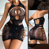 Black Rhinestone Fishnet Halter Dress Lingerie-Outfit