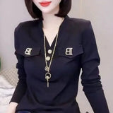 Slim Solid Color Screw Thread Pullovers Casual Fake Pocket Patchwork Female Spring Autumn Letter Elegant V-Neck T-shirt-Outfit