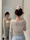 Hollow Out Sweater Shirts Lady Summer Full Sleeve Laced Crocheting Cardigan Thin Short Coats for Slim Woman-Outfit