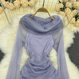 Spring Autumn Sexy One-Word Collar Long Sleeve Drawstring Pleated Dress Female Flash Mesh Slim Wrap Buttock Skirt-Outfit