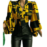 Elegant Leisure Button V-neck Lantern Sleeve Top