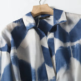 New Xiaoxiangfeng POLO Collar Blue Printed Long-Sleeved Shirt-Outfit