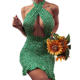 Women Close-fitting Backless Dress Sexy Floral Printed Pattern Halter Neck Hollow Out Short Dresses Summer 2023 Club