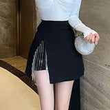 Black Side Split Rhinestone Fringe Mini Skirt-Outfit