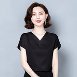 Lady Solid V-neck Blouse Women Summer 2022 Short Sleeve Casual Silk Satin Shirts Casual M-4XL Loose Tops Clothes