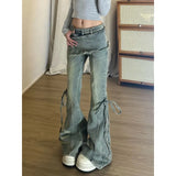 Fongt Skirt Jeans Women Autumn Retro Do Old Water Wash High Waist Tie With Horseshoes Super Fire Korean Micro-Rave Pants