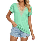 2023 New Gold Lace Lady V-Neck Tile Short Sleeve Solid Color T-Shirt Top-Outfit