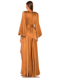2023 Fall New Women's High Quality Sexy V-Neck Pleated Lantern Sleeve Long Dress with Belt Elegant Celebrity Party