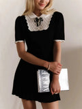 Black Ruffled Short Sleeve Collar Mini Dress-Outfit
