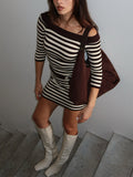 Fongt Temperament Short Dress 2025 Autumn And Winter New Striped Shoulder Repair Slim Sexy Short Dress Female