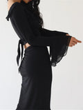 Women Y2K Ruffles 2 Pieces Skirts Sets Off Shoulder Sheer Mesh Shirts Tops Irregular Hem Split Skirts Streetwear 2023-Outfit