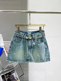 Denim Bow Polka Dot Printed Butterfly Chain Mini Skirt-Outfit