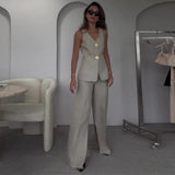 Fongt Women's Temperament Elegant Solid Color V-Neck Sleeveless Vest High-Rise Broad Leg Trousers Set
