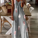 Fongt And Summer New Sleeveless Slim Feather Print Low Breast V Collar Sling Large Hem Skirt Women's Dress-Outfit