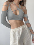 Dark Cyber Y2k Techwear Punk Women Halter Tops Gothic egirl Patchwork Long Sleeve Crop Top Sexy Cut Out Casual