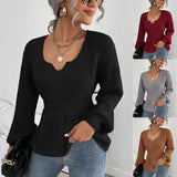 Fongt Sweater Women's Fashion V-Neck Jumper Solid Color Long Sleeve Flounces Closed Waist Women's