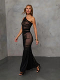 Fongt Women's Sexy Yarn Dress Banquet Temperament Evening Dress Repair Slant Shoulder Folds 8133