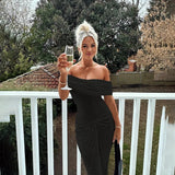 Knit Off-Shoulder Pleated Wrap Maxi Dress-Outfit