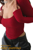 Women Long Sleeve Pullover T-shirt Casual Solid Color Square Neck Crop Tops Streetwear Clubwear Womens
