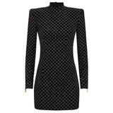 STREET 2022 Newest Designer Dress Women's Long Sleeve Plaid Glitter Sequined Sheath Velvet Mini