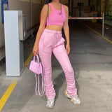 Solid Color Elastic High Waist Pleated Drawstring