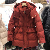 Down Jacket Female Long 2024 New Slim Tide Small Winter Hat Waist Rope Coat White Duck Down-Outfit