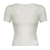 Wind Lace Splicing Small Design U-Shaped Collar Slim Plain Color Short-Sleeved T-Shirt 2024 New Style-Outfit