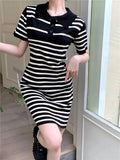 Fongt New Temperament Striped Polo Collar Knitted Dress Female Gentle Wind Casual Straight Bottom