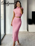 Women Ruched Y2K Clothes Short Sleeve Turtleneck Crop Top Side Slit High Waist Bodycon Midi Skirts Matching Suit