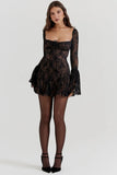 Long Sleeve Lace Square Neck Mini Dress-Outfit