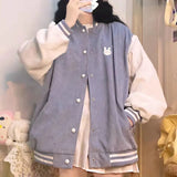 Japanese Kawaii Patchwork Bomber Jackets Women Preppy Style Cute Rabbit Corduroy Baseball Jacket Oversize Coats
