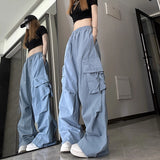 Fongt Speed Dry Cargo Pants Female Stereo Pocket High Waist Straight Tube Wide Leg Ribbon Loose Casual Floor