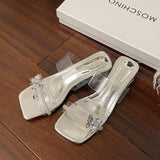 Fongt Transparent Word With Sandals Women 2025 Summer New Water Drill Leakage High Heels 100 With Skirt Sandals