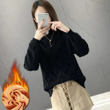Thicken Plus Velvet Sweaters For Women Casual Warm Knit Pullovers Korean Fleece Lined Knitwear Ribbed Bottomed Tops