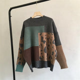 Leopard Patchwork Cashmere Sweater Women Loose Casual Knitted Pullovers Autumn Soft Knitwear Female Retro