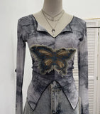 Real Shooting Amount Of Bumpy Tulle Spliced Denim Butterfly Design Sunscreen Coat V Collar Short T-Shirt