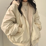 Korean Fashion Velvet Lambswool Reversible Jacket Women Harajuku Oversized Solid Basic Winter Zip Up Hoodie Beige