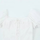 New French Vintage Design Pleated Square Collar Bubble Sleeve Shirt-Outfit