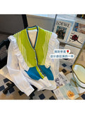 New Fashion Rainbow Striped Stitching Knitted Sweater Korean Style V-Neck Ruffled Long Sleeved Casual Outer Women