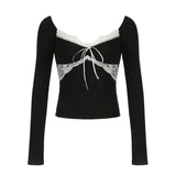 Lace Patchwork Bow Knot Long Sleeve Tee-Outfit