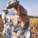 Mujer Summer Streetwear Embroidery Lace Patchwork Sexy Denim Jacket Women Frayed Tassel Loose Jeans Coat oversized