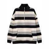 Vintage Striped Print Half Zip Oversized Sweatshirt-Outfit