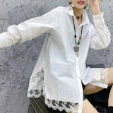Lace Spliced Blouse Basic Solid Color Women's Clothing Turn-down Collar Spring Autumn Single-breasted Korean Split Shirt-Outfit