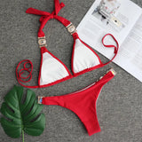 Fongt 2023 New Sport Bikini Sexy Crystal Diamond Bandage Red Split Female