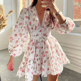Fongt Women's Wear Temperament Sweet Floral High Waist Slim V Collar Short Long Sleeve Winter